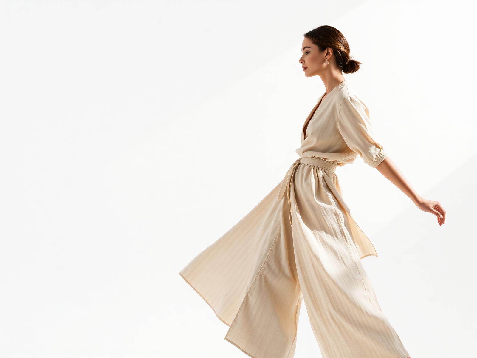 Model wearing an AURA linen ensemble
